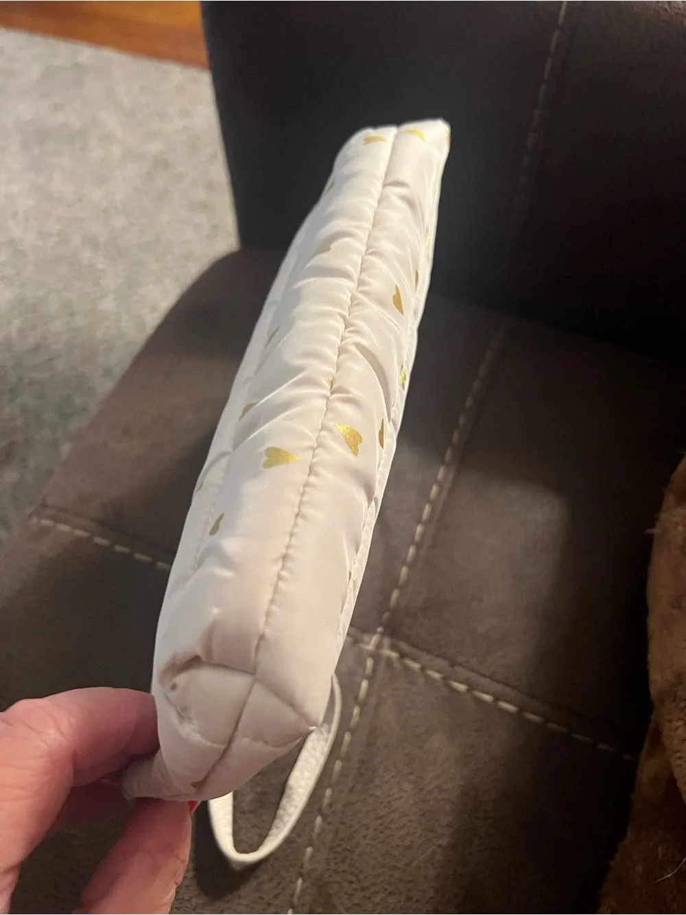 Women's White Wristlet Quilted Clutch with Gold Heart Accents